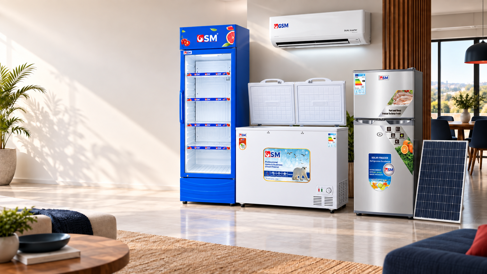 Produits réels GSM : réfrigérateur vitré, congélateur, climatiseur et solution solaire dans un intérieur moderne